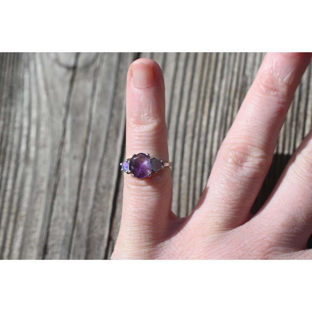 Engagement ring Amethyst and opal  sterling silver size 3 4 5 6 7 8 9 10 11 12 A